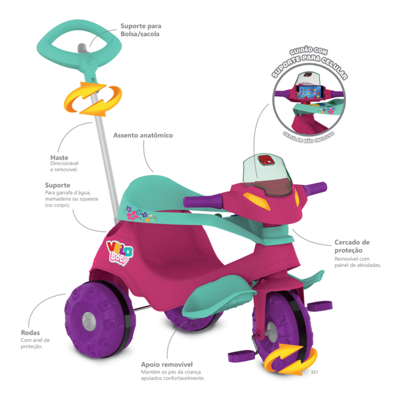 2-Triciclo-Infantil---Velobaby-Passeio-e-Pedal---Rosa---Bandeirante