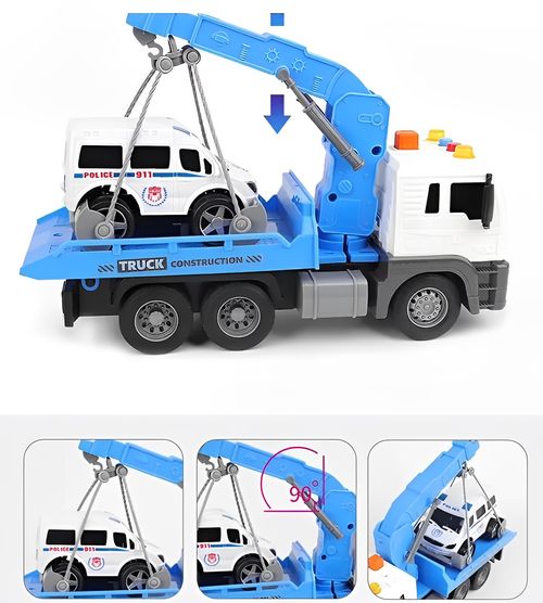 Caminhão Guincho Fricção com Veículo - TruckCar Luz e Som - Azul - 27cm - 1:16 - Yes Toys