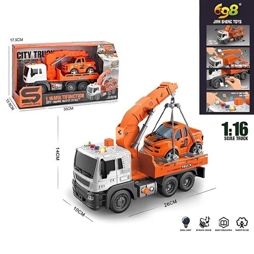 Caminhão Guincho Fricção com Veículo - TruckCar Luz e Som - Laranja - 27cm - 1:16 - Yes Toys