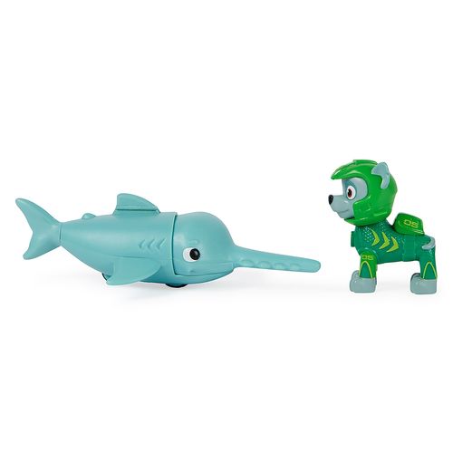 Conjunto de Figuras - Rocky com Peixe Serra - Aqua Pups - Patrulha Canina - Sunny