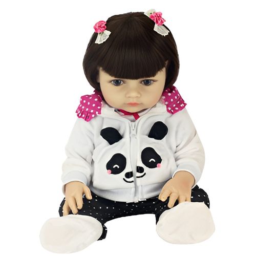 Boneca Reborn com Pelúcia - Pijama de Panda - Morena - 48 cm - BBR Toys